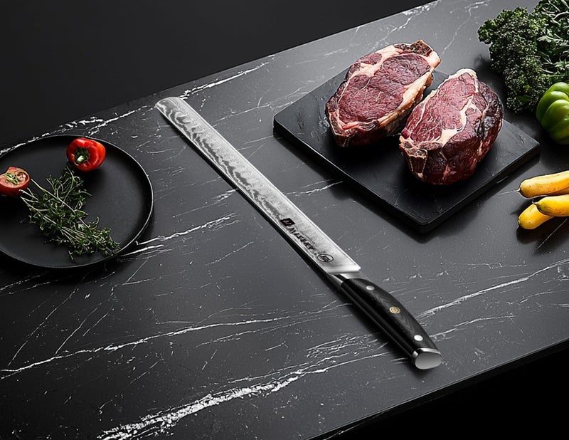 WIZEKA 12 Inch Damascus Slicing Knife - Ultra Sharp, Full Tang Carving Knife with G10 Handle, Great for Slicing Roasts, Meats, Fruits - Image 5